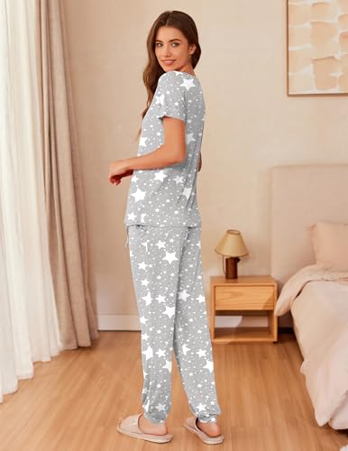 Image of Ekouaer Womens Pajama Sets Short Sleeve Lounge Sets for Women Printed Jogger Pajama Set 2 Piece Pj Sets With Pockets S-XXL
