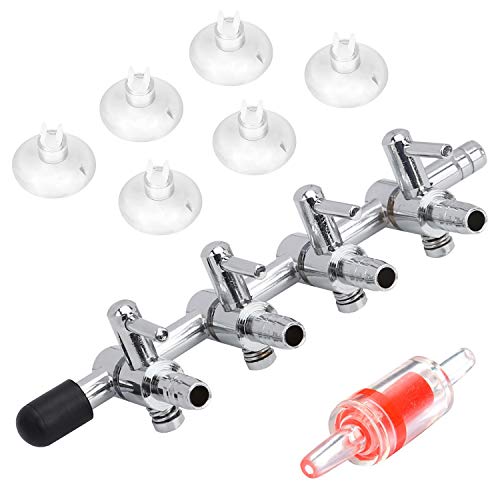 Pawfly 4-Way Aquarium Air Flow Control Lever Valve Distributor Splitter with 1 Non-Return Check Valve and 6 Suction Cups