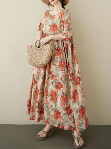 Women Plus Size Casual Dresses Floral Printed O Neck Short Sleeves Summer Oversized Dresses Boho Loose Fitting Wear4