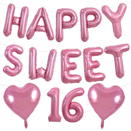 TONIFUL 16 Inch HAPPY SWEET 16 Balloons Banner Pink with 2Pcs 18Inch Pink Heart Balloons 16th Birthday Party Decorations Sign Happy 16th Birthday Balloons for Women Girls Celebration Party Supplies