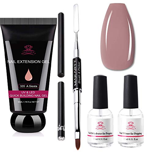 Makartt Poly Nail Gel A Siesta Nude 50ML Bundle with Nail Dehydrator and Nail Primer Kit, Gel Nail Brush and nail Spatula Dual End