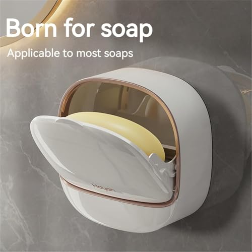 Image of Wall Mounted Soap Holder with Lid | Self-Draining Soap Case for Bathroom & Kitchen | No Drilling Soap Dish with Dust-Proof Cover (Pack of 1) (White)