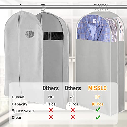 MISSLO 10" Gusseted Garment Bags for Hanging Clothes 40" Clear Suit Bags for Closet Storage Suits Cover Coat Protector, 3 Packs, Grey