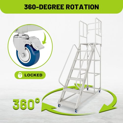 Image of 7-Step 23.3 inchW x 102.5 inchH Rolling Ladder with Handrails, Non-Slip Platform, Lockable Wheels, 1500LBS Capacity, Industrial & Warehouse Stairs, Easy to Move,Stable for Library, Supermarket, Garage
