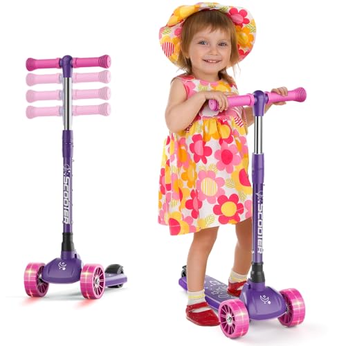 Image of Healsmart 3-Wheel Kids Scooter, Kick Scooter for Ages 2-12 Boys & Girls, Foldable Height Adjustable Self Balancing Handlebar, Extra Wide Wheels LED Lighted and Double-Layer Deck, Purple