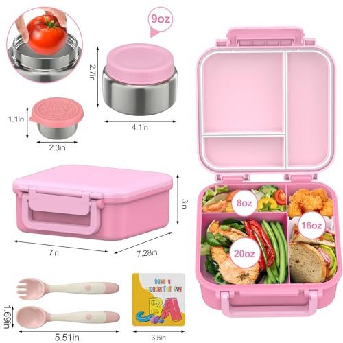 Kids Bento Lunch Box with 9oz Soup Thermo Leakproof Lunch Food Containers 4 Compartment with Insulated Hot Food Jar for Kid Toddler Girls Boys to School, Trvael - Image 3