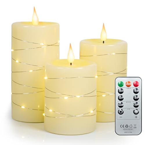 Image of 3Pcs LED Flameless Pillar Candles for Home Wedding Decor | 3D flickering flame, built‑in remote timer. 4 inch /5 inch /6 inch hemp rope LED candles, battery‑powered for indoor decor.