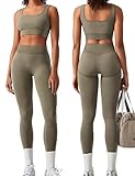 OLCHEE Womens Workout Sets 2 Piece Seamless Square Neck Sports Bra Padded Butt Lifting Leggings High Waist Yoga Gym Outfits - Olive Green Large