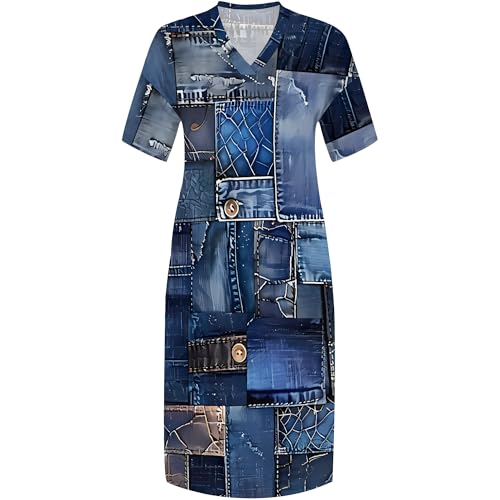 Image of SUZONANA Plus Size Denim Print Shirt Maxi Dresses for Curvy Women Casual Blue Jean Summer Outfits Long Short Sleeve Dress with Pockets Patchwork 4XL