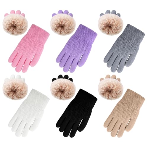 6 Pairs Winter Gloves Kids Stretchy Warm Knitted Gloves Wool Fleece Lined Mittens for for Girls Boys Cold Weather 5-10 Years (Multicolor)