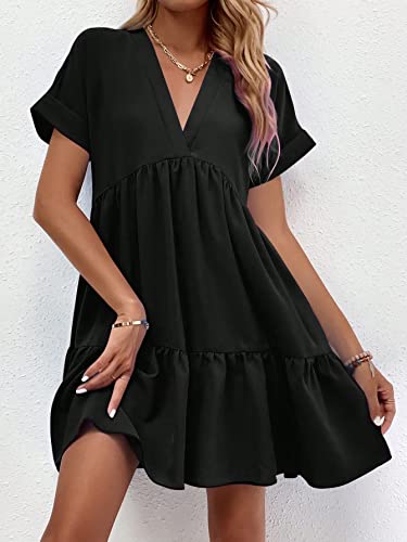 Image of WDIRARA Women's Roll Up Short Sleeve V Neck Ruffle Hem Solid Swing Smock Dress