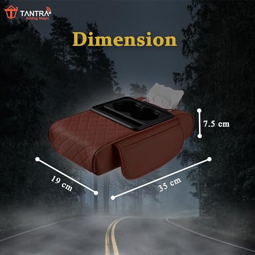 Image of TANTRA Premium Car Armrest Cushion Organizers, 5-in-1 Center Console Cover with 2 Storage Bags Cup Holder, Tissue Box Slot, Phone Slot for Sedans, Car Accessories Interior Organizers (Brown)