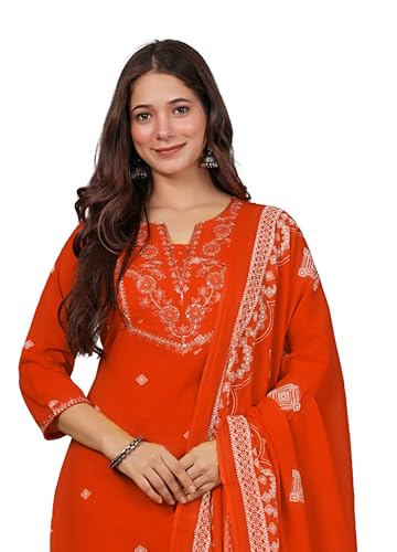 Image of Amayra Women's Pure Cotton Embroidered Straight Kurta Set with Palazzo Pants & Dupatta- Ethnic Wear