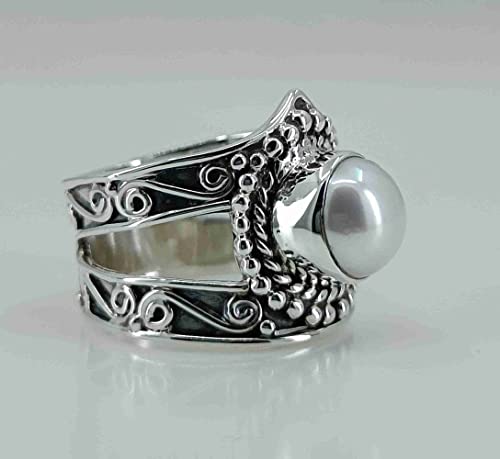 Navya Craft Freshwater Pearl 925 Sterling Silver Handmade Women Statement Ring June Birthstone Jewelry, Boho Ring, Gift For Her Sizes 4 To 13 For Christmas Anniversary Birthday Valentine Day Gift Wife #TOP7
