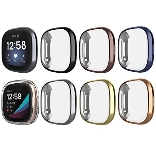 GHIJKL 8 Pack Case Compatible with Fitbit Versa 3 / Sense Screen Protector Ultra Slim TPU Plated Cover Anti-Scratch All Around Bumper Shell Accessories for Fitbit Sense/Versa 3 Smartwatch Women Men