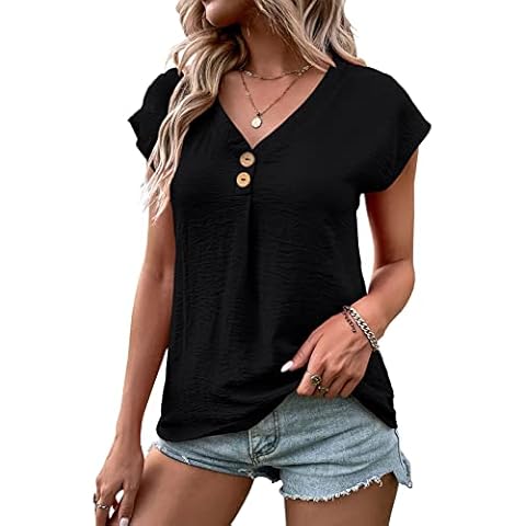 Ladiyo Womens V Neck Button Tops Summer Batwing Sleeve T Shirts Loose Casual Solid Color Blouse Black Cover