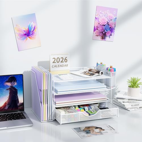 Image of gianotter Desk Organizers and Accessories with File Holder, 4-Tier Desk Accessories & Workspace Organizers with Drawer and 2 Pen Holder, Paper Organizer for Office Supplies (White)