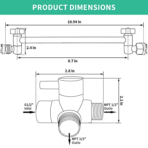 All Metal Adjustable Shower Extension Arm and 3 - Way Diverter for Rainfall Shower head and Handheld Shower Head, 9 Inch Extender Bathroom Universal Shower Combo Replacement Part (Chrome) - Thumbnail 5