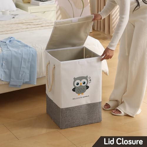 Image of HOKIPO Cardboard Foldable Laundry Basket for Clothes with Lid, Grey - Owl (AR-5317-GRY), 53cm, 35cm