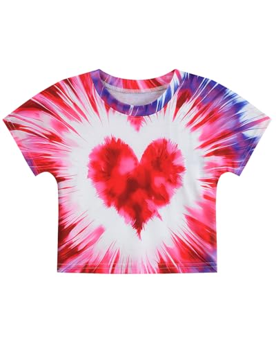 Girls Valentine's Crop Tops Heart Shirt Short Sleeve Tie Dye