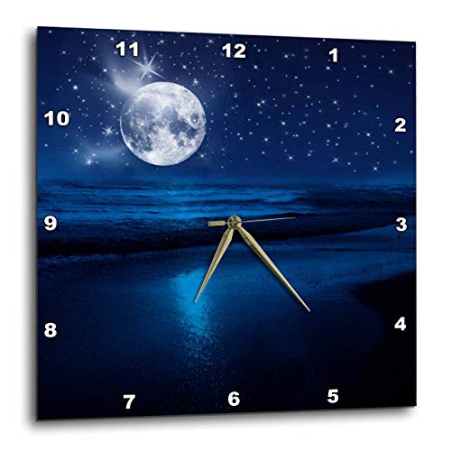 3dRose DPP_79424_3 Full Moon Shining in A Starry Sky on The Beach Where The Ocean Meets Land.-Wall Clock, 15 by 15-Inch