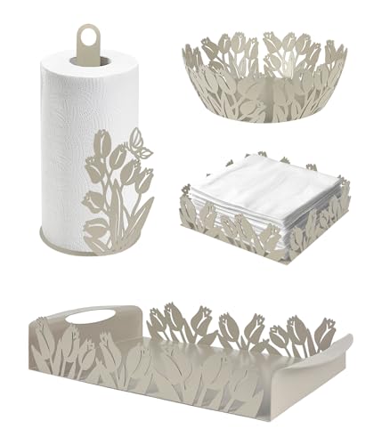 Set Accessori Cucina 2/4 Pezzi Portatovaglioli Vassoio Grande Da Portata Portafrutta Centrotavola Metallo Design Moderno Decorazioni Tavola - Papaveri - 4 Pezzi