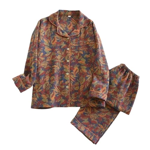 Image of Vintage Leaf Cotton Lapel Loungewear Set, Ginkgo Leaf Button Colorful Floral Pure Pajama, Women's Fashion Sleepwear