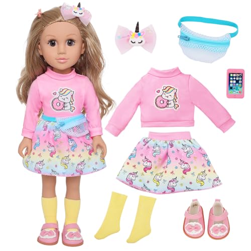 Ecore Fun 18 Inch Girl Doll with Clothes Accessories Fashion Doll with Styling Brown Hair Unicorn Hair Clip Phone Bag Outfit & Shoes Gift Ready for Birthday & Pretend Play