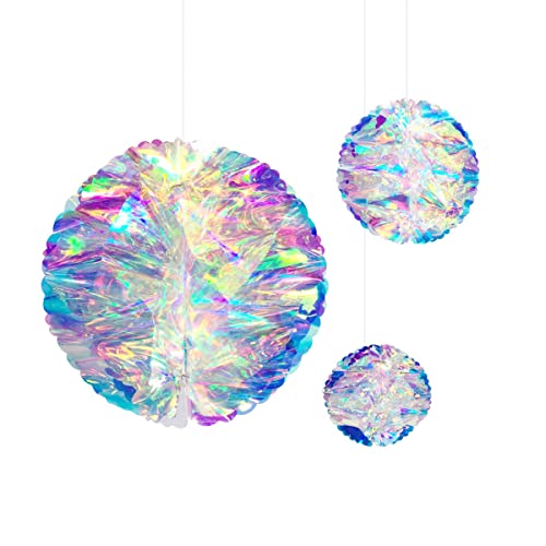 3 Pieces Iridescent Ball Hanging Ornament 5.9inch + 7.8inch + 9.8inch Honeycomb Foil Ceiling Rainbow Shine Decorations for Wedding Christmas Bridal Shower Birthday Frozen Theme Magical Party