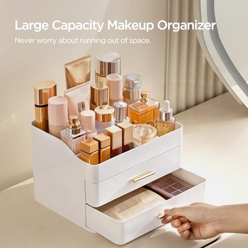 HBlife Makeup Organizer for Vanity with 2 Drawers, Large Bathroom Countertop Cosmetics Organizer Skin Care Storage, Easy to Store Lipsticks, Nail Polishes, Perfumes, Eyeshadow Palettes, All White by HBlife - Image 2