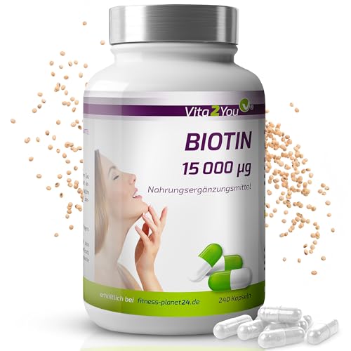 Vita2You Biotin 15.000 mcg (Vitamin B7) 240 Kapseln - Hochdosiert mit 15mg - Für Haut und Haare - Premium Qualität - Made in Germany
