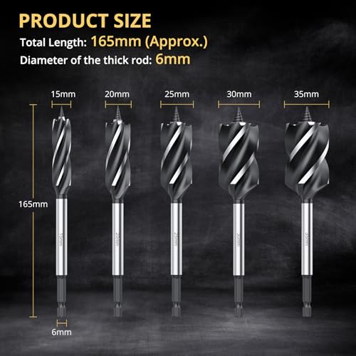 AMTOVL Wood Drill Bit Reaming Drill Wood Auger High-Carbon Steel Fast Cut Woodworking Drill Bit Set 5pcs 15mm, 20mm, 25mm, 30mm, 35mm