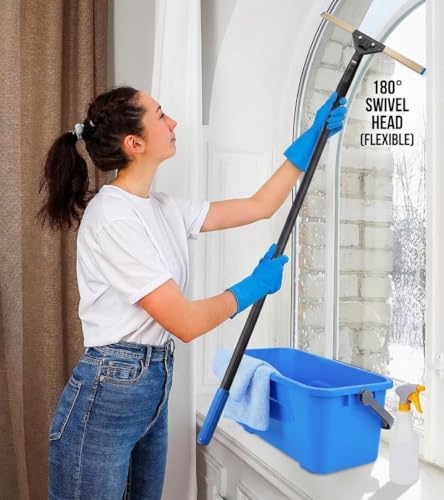 Image of Professional Window Cleaning Kit with 50 inch Extension Pole, 8-in-1 Window Scrubber Squeegee Set, 14 inch Flexible Head, 3 Gallon Storage Bucket, Spray Bottle Microfiber Cloths for High Indoor /Outdoor Glass