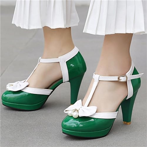 Image of Elbslutt Women's Cute Retro Rockabilly Shoes T Strap Mary Janes Heels Chunky Cosplay Shoes Sweet Block Heeled Bow Pumps