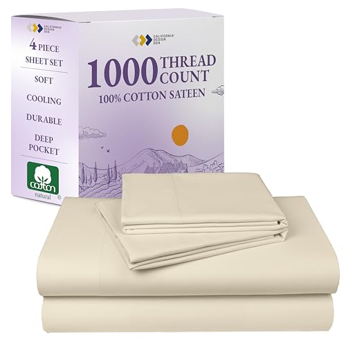 California Design Den Thick and Natural 100% Cotton Sheets King Size Set - Luxury 1000 Thread Count Sateen, Deep Pockets, Soft, Breathable and Durable Bedding Sheet Set - Ivory (Creamy Beige Tone)