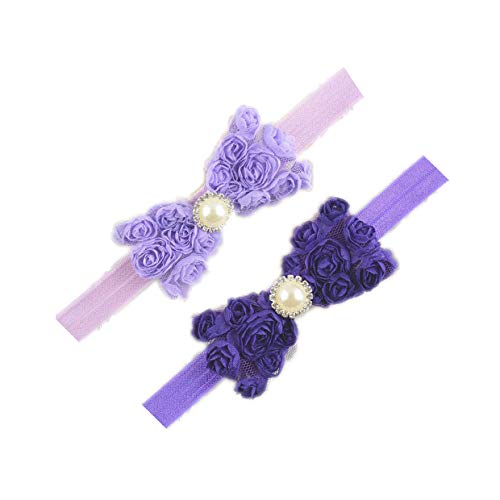 Baby Girls Headbands Lace Rose Bows Pearl Elastic Hair Band Kids with15 colors (Lavender+Purple) - Main Image