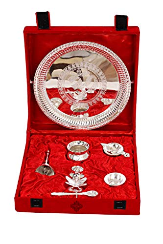 Indian Art Villa Om Design Silver-Plated Pooja Aarti Thali Set - 7 Pieces