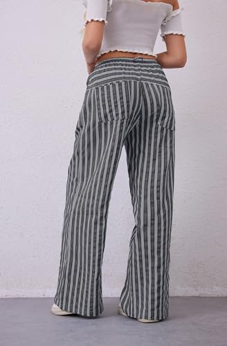 Image of MISSACTIVER Women Drawstring Striped Pants Loose Wide Leg Trousers Casual Low Waist Pants Comfy Lounge Pants with Pockets