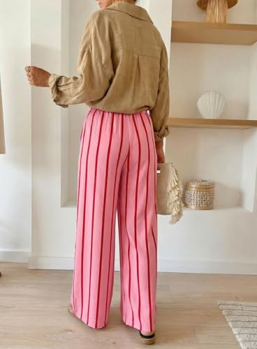 Image of Acelitt Women Casual Drawstring Elastic Waist Striped Wide Leg Pants with Pockets, S-XXL