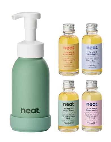 Neat Eco-Friendly Foaming Hand Wash Kit (Green Refillable Metal Handwash Dispenser 300ml + 4 Hand Soap Refills) - Dermatologically Approved for Sensitive Skin - Liquid Soap Set for Home & Workplaces