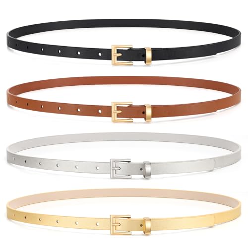 WHIPPY Set of 4 Women Skinny Leather Belt Thin Waist Belt with Metal Buckle for Pants Jeans Dresses