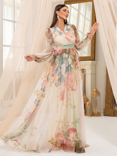 Image of TOLEEN Summer Casual Dresses for Women 2024 Spring Fashion Boho V Neck Long Sleeve Ruffle Floral Print Elegant Maxi Dress