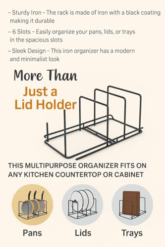 Image of Craft Expertise 6-Slot Pan & Pot Rack Organizer with Lid Holder - Adjustable Countertop Cookware & Plate Stand, Space-Saving Iron Kitchen Cabinet Organizer, Black (17 inch x 7 inch x 6 inch)