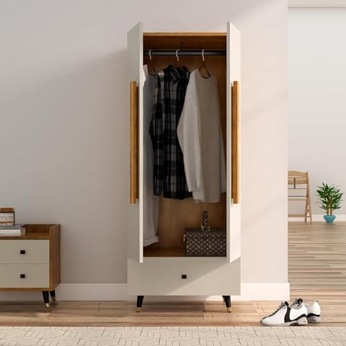 Image of Bniture Wooden Almirah for Clothes, Door for Bedroom, 2 Door Wardrobe with Drawer & Hanging Space (45D x 60W x 150H CM) | 3 Year Warranty (Giant Wood & Frosty White)