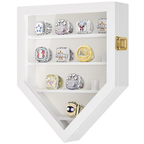 Image of TJ.MOREE 12 Rings Championship Ring Display Case Wall Mount Wooden | Shadow Box with Locks to Show Sport, Class, Fraternity, and Award Rings, White