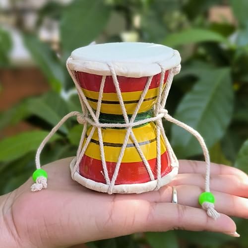 Image of HICKORY Handmade Damru - Traditional Indian Hand Percussion Musical Instrument for Pooja, Home Decor & Kids Toys