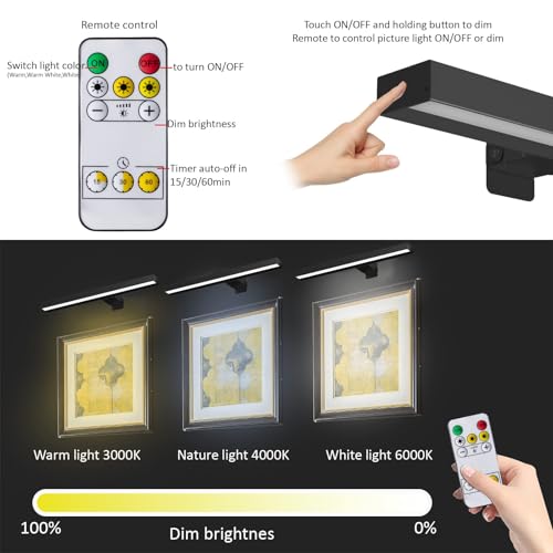 Image of MIOBLUE Cordless Picture Lights with Remote, 16in Metal Battery Operated Picture Light,Rechargeable Display Lamp with 3 Lighting Modes, Dimmable Dartboard Light with Timer for Frame Wall Portrait Art