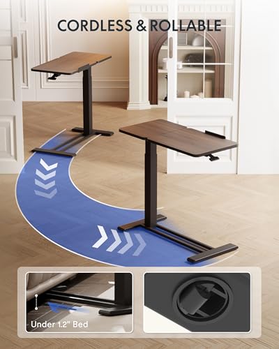 Image of FLEXISPOT Adjustable Height C-Shaped End Table with Split Tilting Top - Mobile Side Table for Sofa & Bedside, Slides Under Furniture, Hidden Wheels for Small Spaces(31.6 inch W x 15.7 inch D,Dark Walnut)