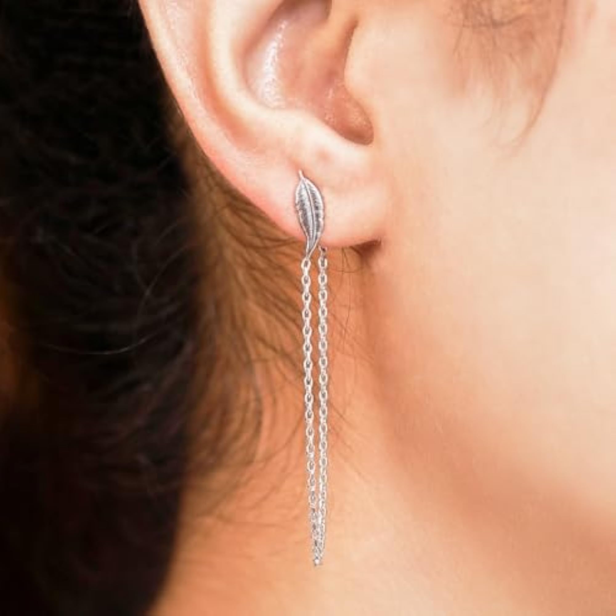 925 Silver Leafy Chain Dangler Earrings with 925 Hallmark