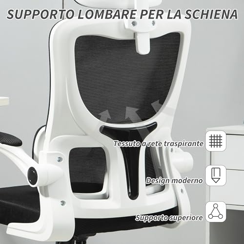 Sedia da Ufficio Ergonomica con Supporto Lombare, Braccioli Ribaltabili, Poggiatesta Regolabile, Poltrona Scrivania Girevole Inclinabile con Schienale Alto, Altezza Regolabile in Rete, Nero - Sedia gaming - Immagine 5